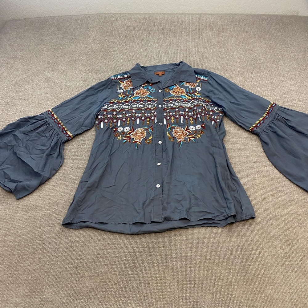 Scully Shirt Womens Large Blue Embroidered Boho Western Bell Sleeve Tunic Top